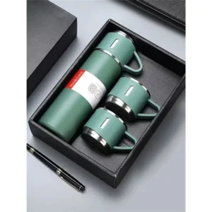 Caneca Kit Garrafa Térmica Vacuum Bottle Inox 500ml + 3 Xícaras Bebidas Fria ou Quente